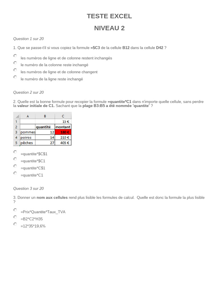 Test Excel Niveau 2: QCM et Formules | PDF | Microsoft Excel | Échecs