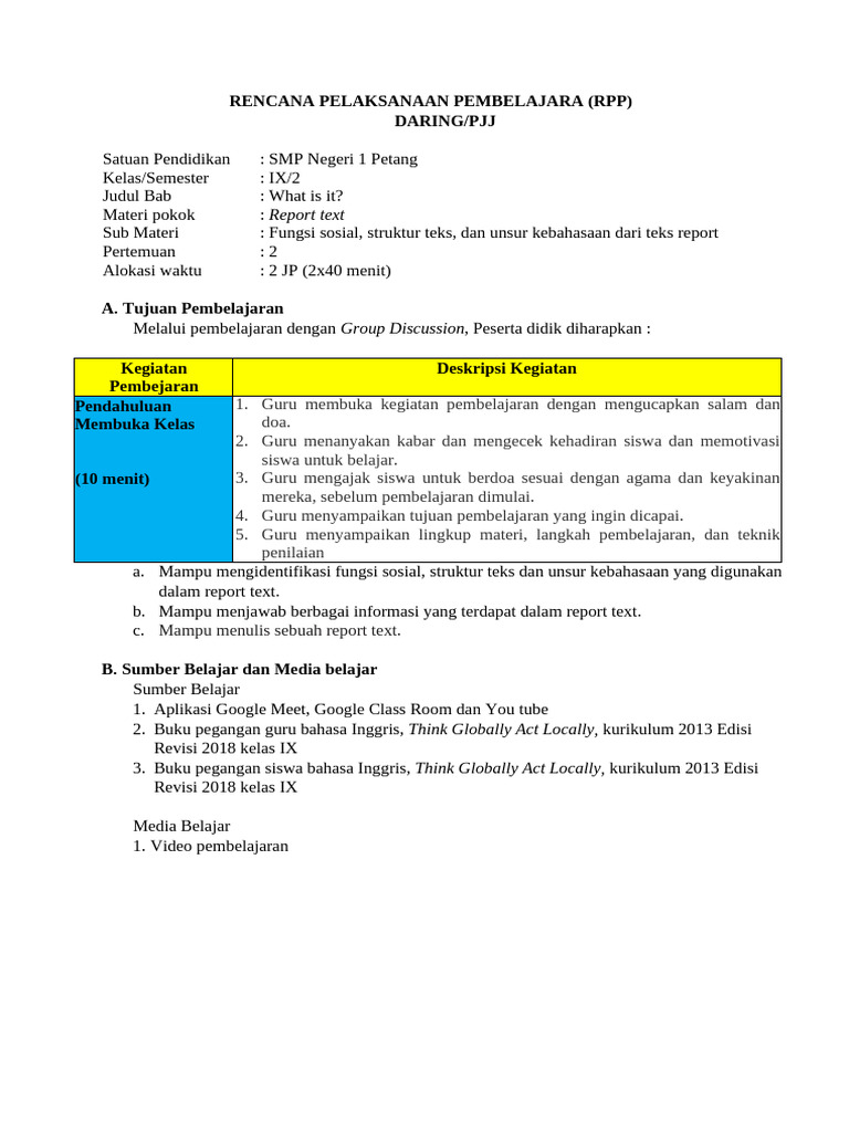 RPP Pembelajaran Report Text SMP | PDF