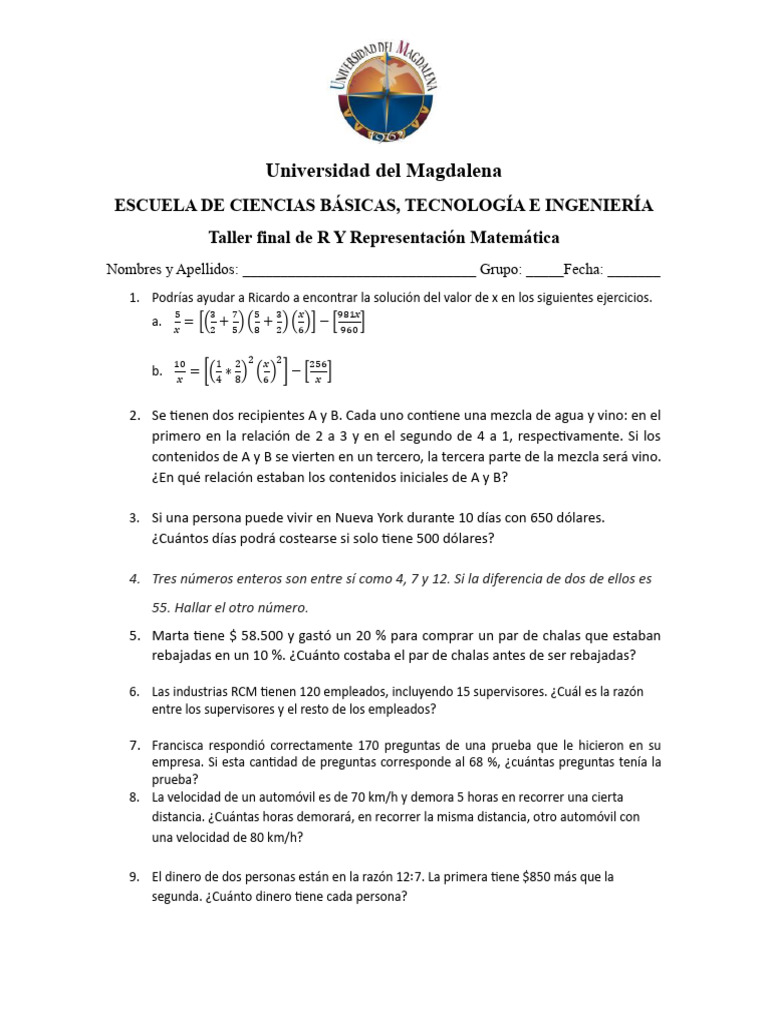 Taller Final de r y r Matemática | PDF