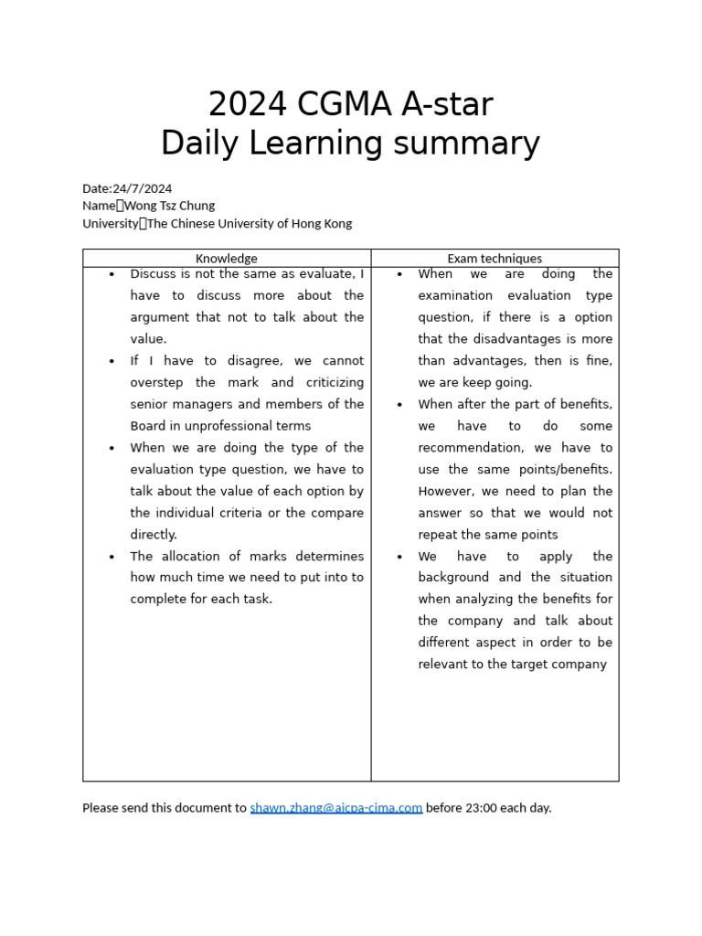 Daily Learning Summary: Exam Techniques | PDF