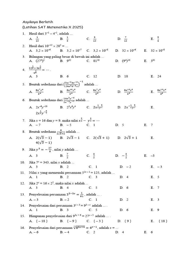 Latihan Soal SAT Matematika 2025 | PDF