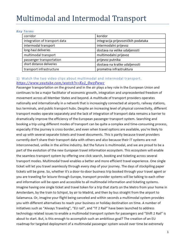EJ3S6 - Multimodal and Intermodal Transport | PDF | Transport | Train
