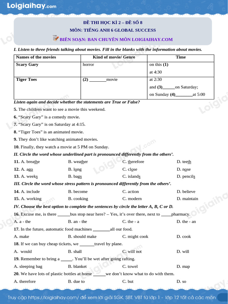 De Thi Hoc Ki 2 Tieng Anh 6 Global Success de So 8 1714471111 (1) | PDF ...