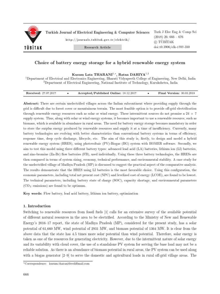 Choice of Battery Energy Storage For A Hybrid Renewable Energy System ...