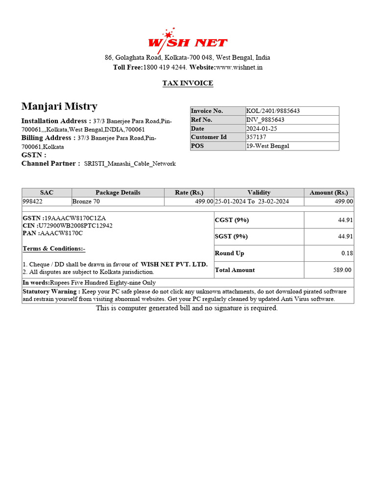 Net Bill Jan 2024 | PDF