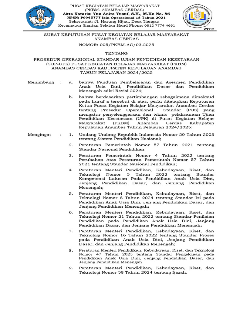 SOP Ujian Pendidikan Kesetaraan PKBM 2024 | PDF