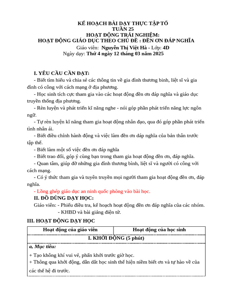 Khbd-hdtn Tuần 26 - Shcd Đền Ơn Đáp Nghĩa Ht | PDF