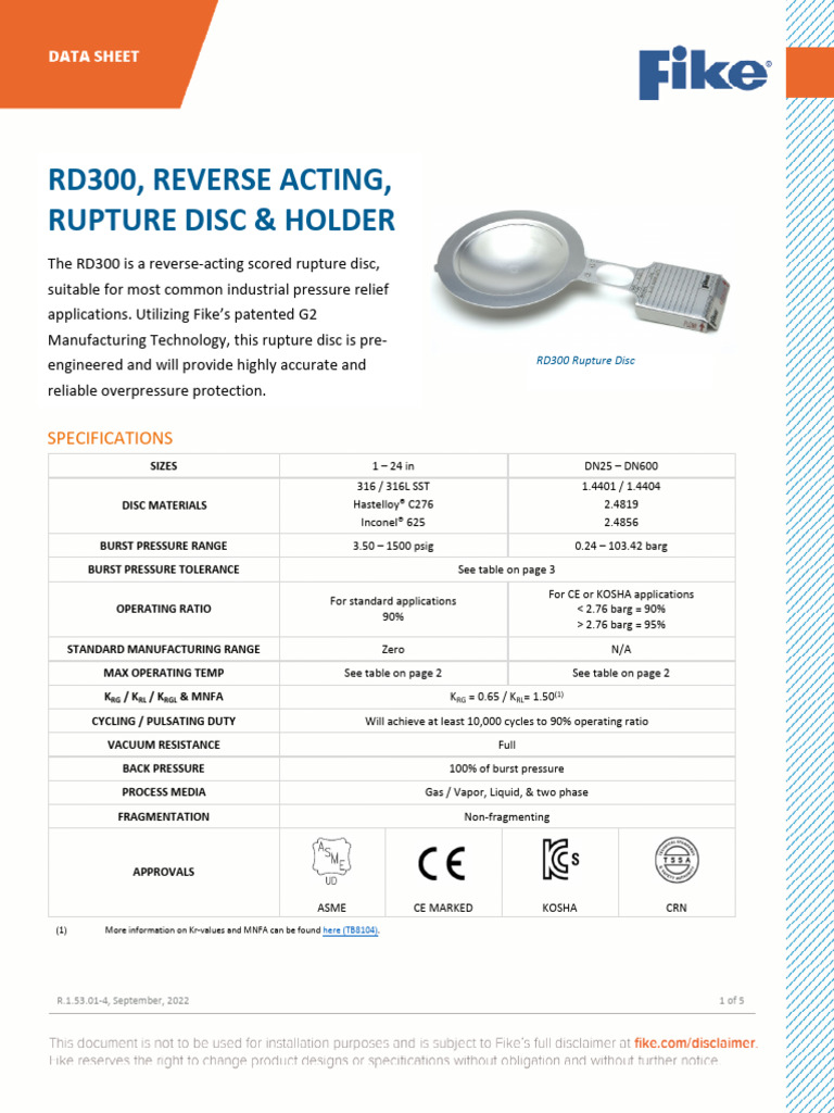 RD300 Rupture Disc Specifications | PDF | Gas Technologies | Equipment