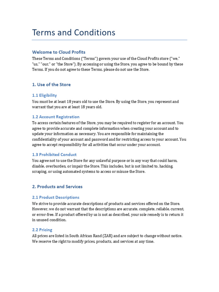 Cloud Profits Store Terms and Conditions | PDF | Indemnity | Private Law