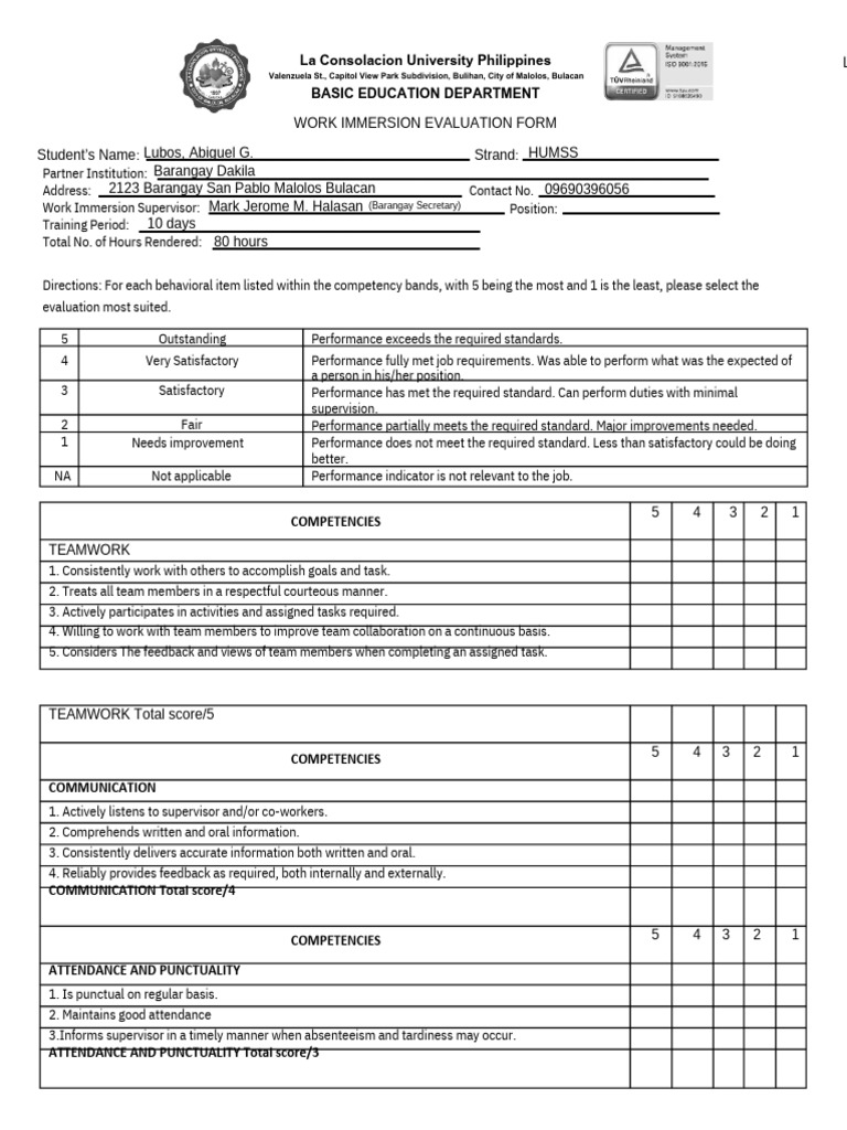 Work Immersion Evaluation Form | PDF | Psychological Resilience ...