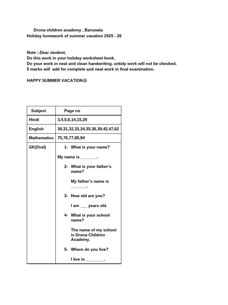 Holiday Homework For Summer Vacation 2025 - 26 | PDF