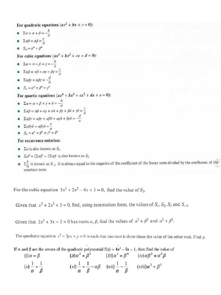 Formulae and Worksheet - THEORY OF EQUATIONS | PDF