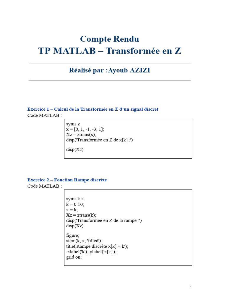 Transformée en Z avec MATLAB : TP complet | PDF | Analyse de Fourier ...