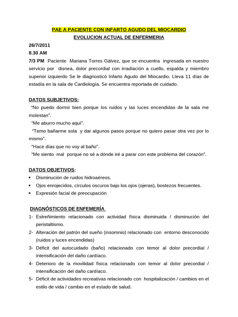 Evolución de Enfermería en Infarto Agudo | PDF | Infarto de miocardio ...