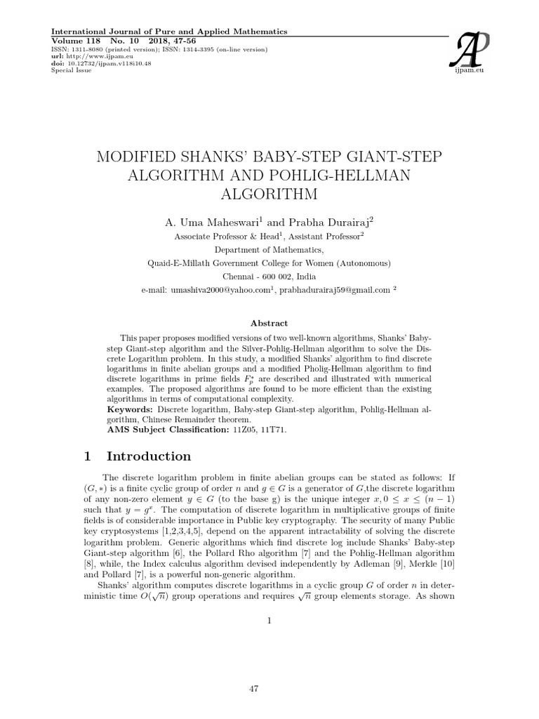 Modified Shanks and Pohlig-Hellman Algorithms | PDF | Logarithm | Algebra