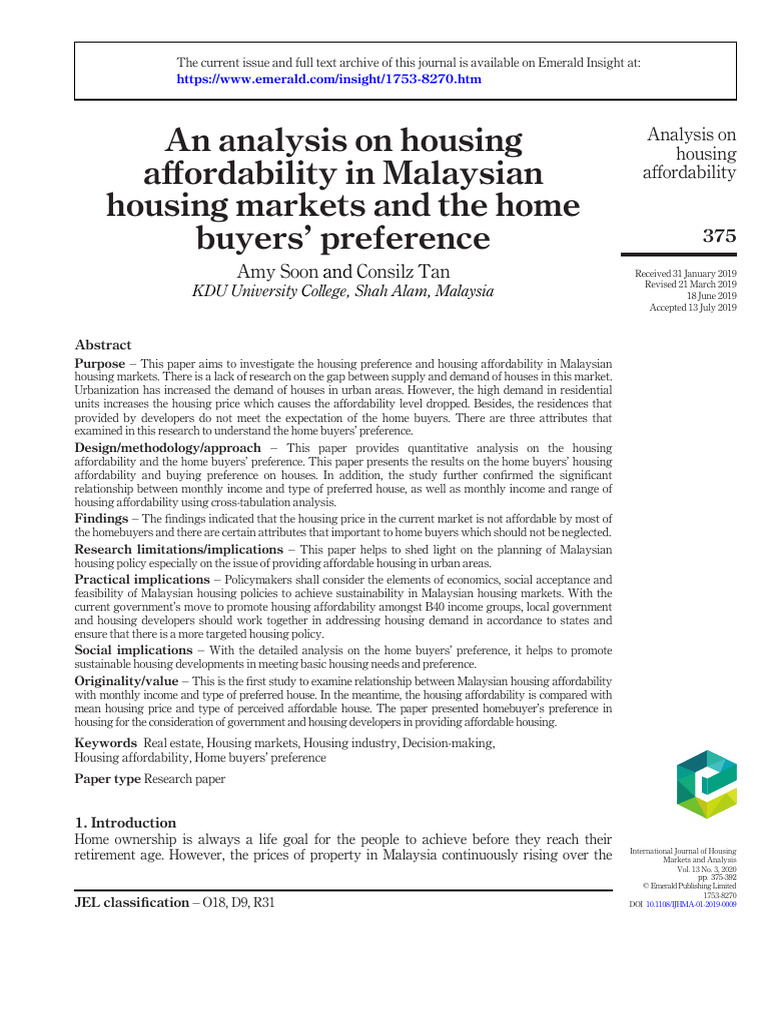 Malaysian Housing Affordability Analysis | PDF | Affordable Housing ...