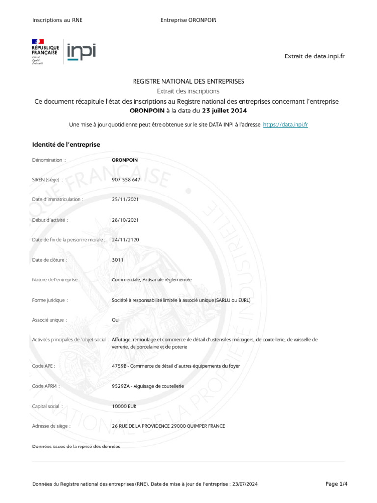 Extrait RNE de l'entreprise ORONPOIN | PDF | Couteau | Outils