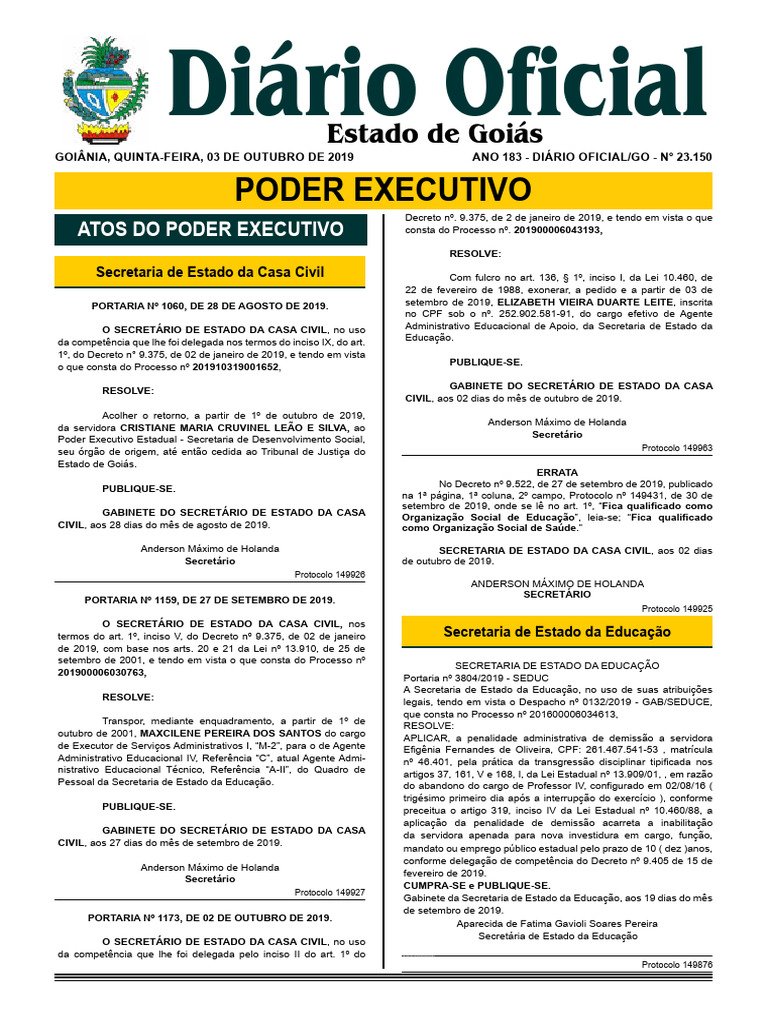 Atos do Poder Executivo de Goiás 2019 | PDF | Secretário de Estado