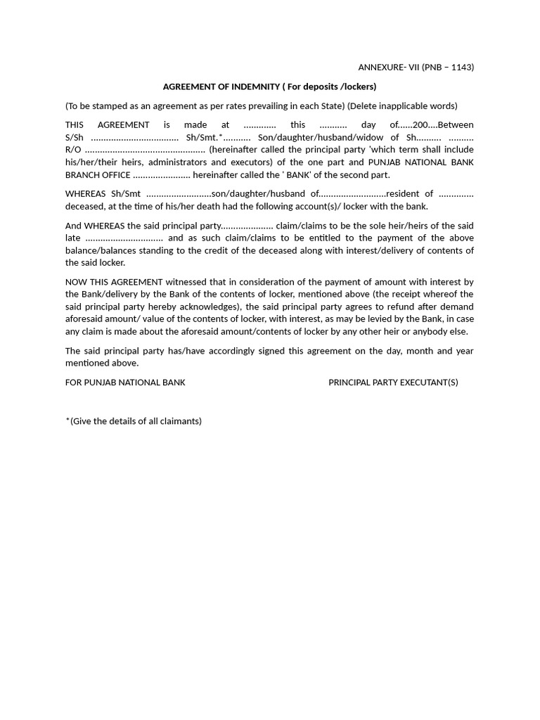 PNB Indemnity Agreement for Lockers | PDF