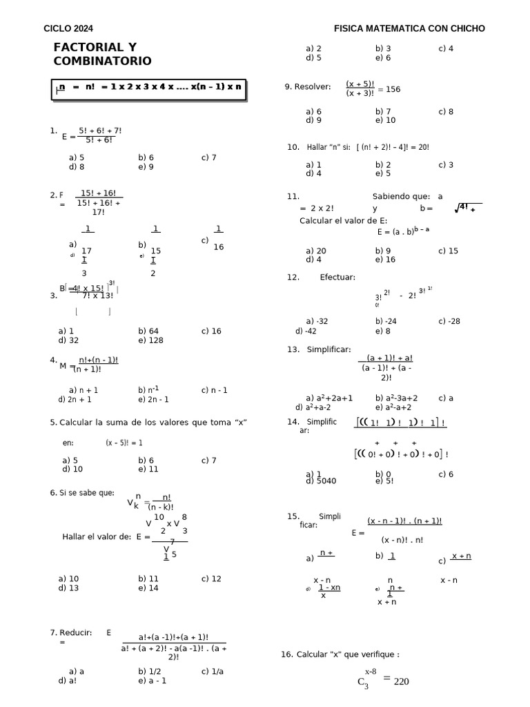 Ejercicios de Factoriales y Combinatoria | PDF | Matemáticas