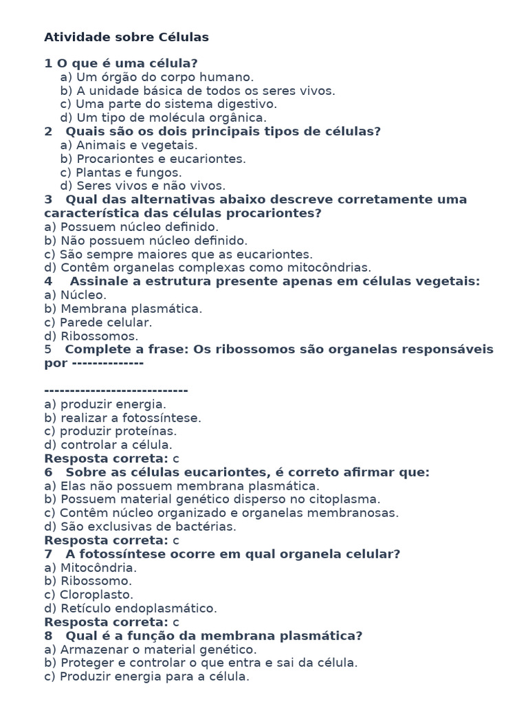 Atividades sobre Células para 6º Ano | PDF | Célula (Biologia) | Organelo