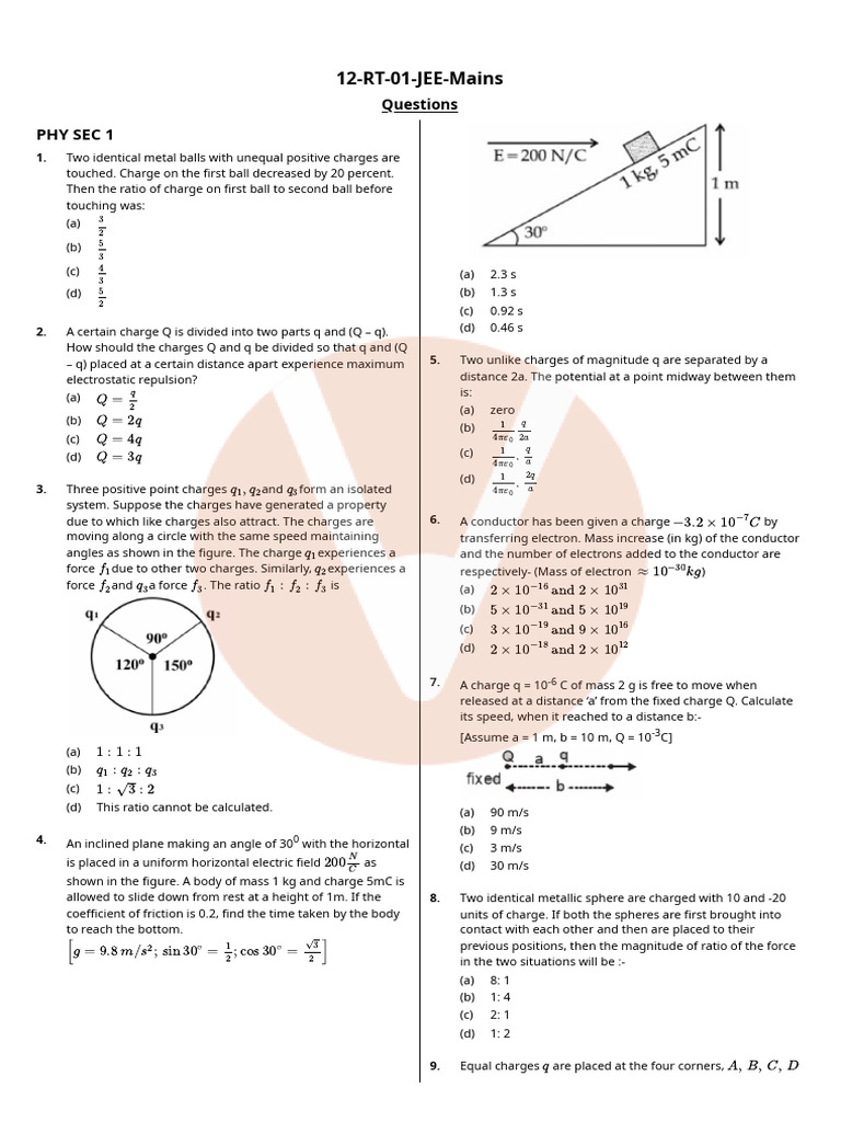 12-RT-01-JEE-Mains: Phy Sec 1 | PDF | Chemistry | Physical Sciences