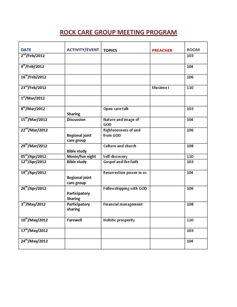 Rock Care Group Meeting Schedule 2012 | PDF