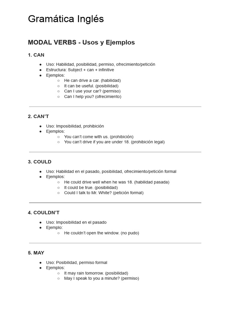 Modal Verbs en Inglés: Usos y Ejemplos | PDF | Tecnología de vehículos ...
