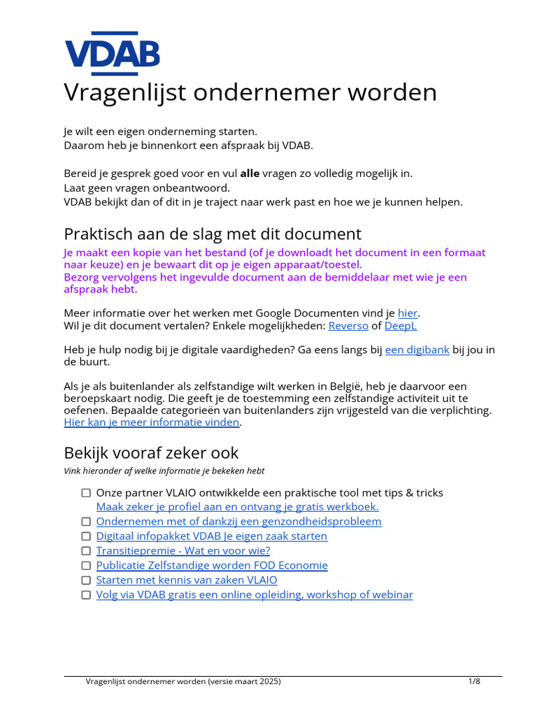 Kopie Van VDAB Vragenlijst Ondernemer Worden | PDF