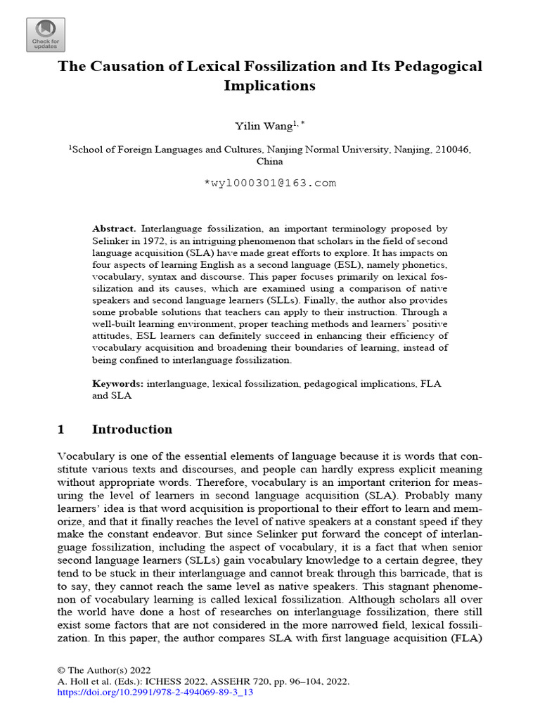 Causes of Lexical Fossilization in ESL | PDF | Second Language ...
