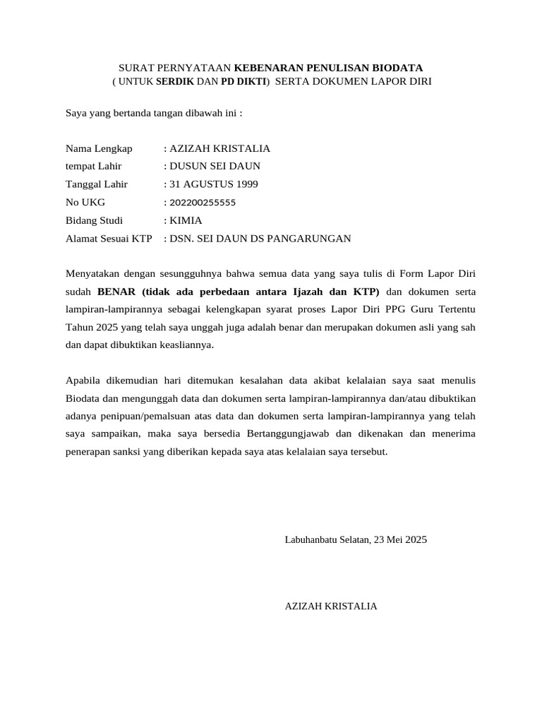 Surat Pernyataan Kebenaran Biodata PPG | PDF
