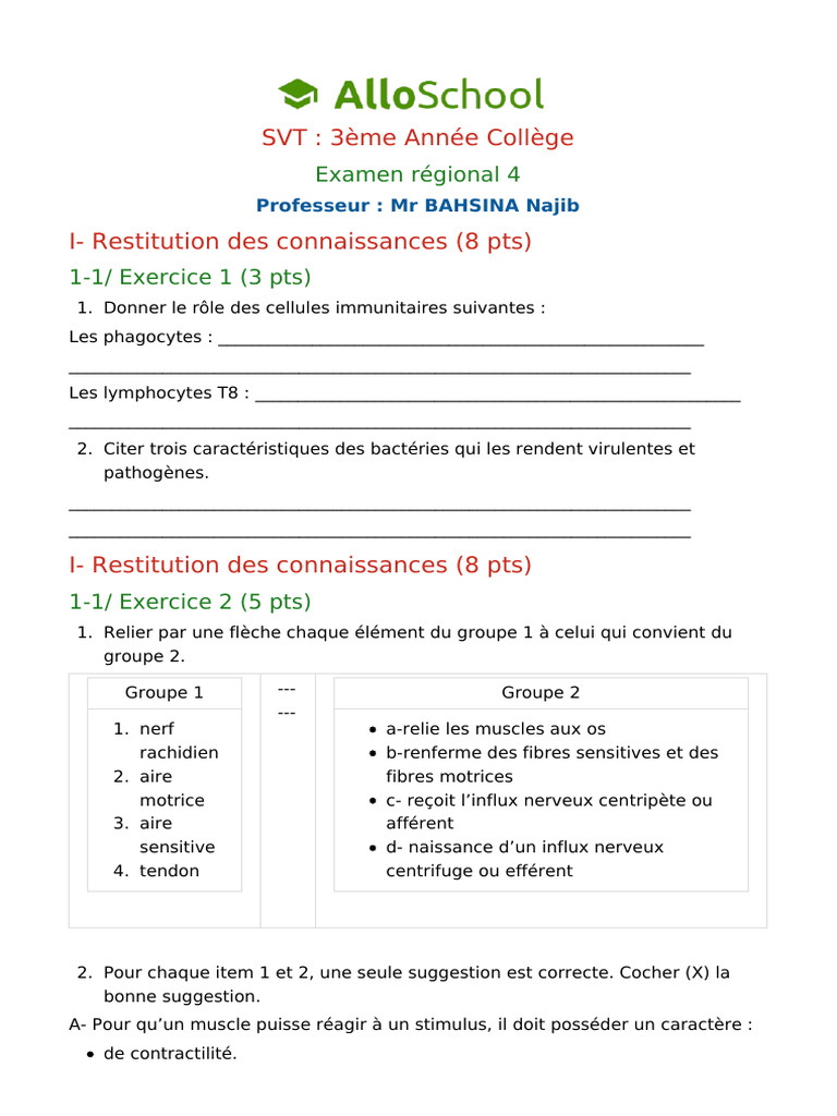 SVT 3AC : Examen Régional 4 | PDF | Salmonelle | Système nerveux