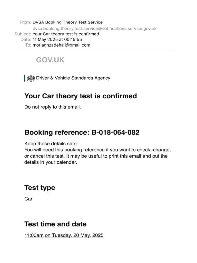 Car Theory Test Confirmation Details | PDF | Vehicles