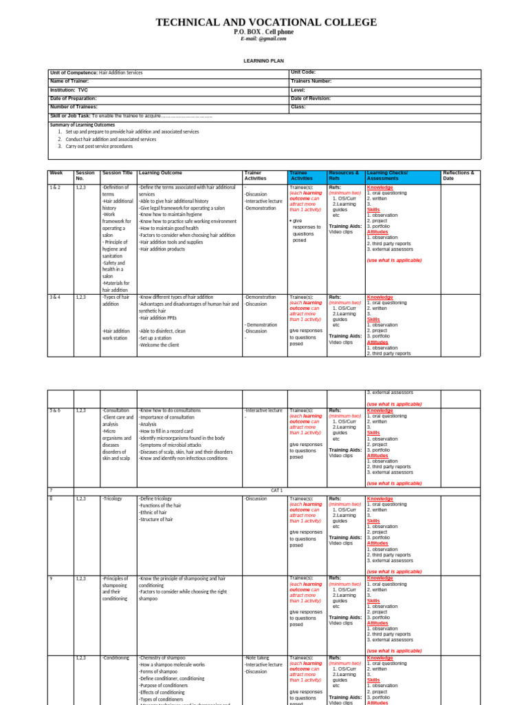 Hair Addition Services Learning Plan | PDF | Learning | Braid