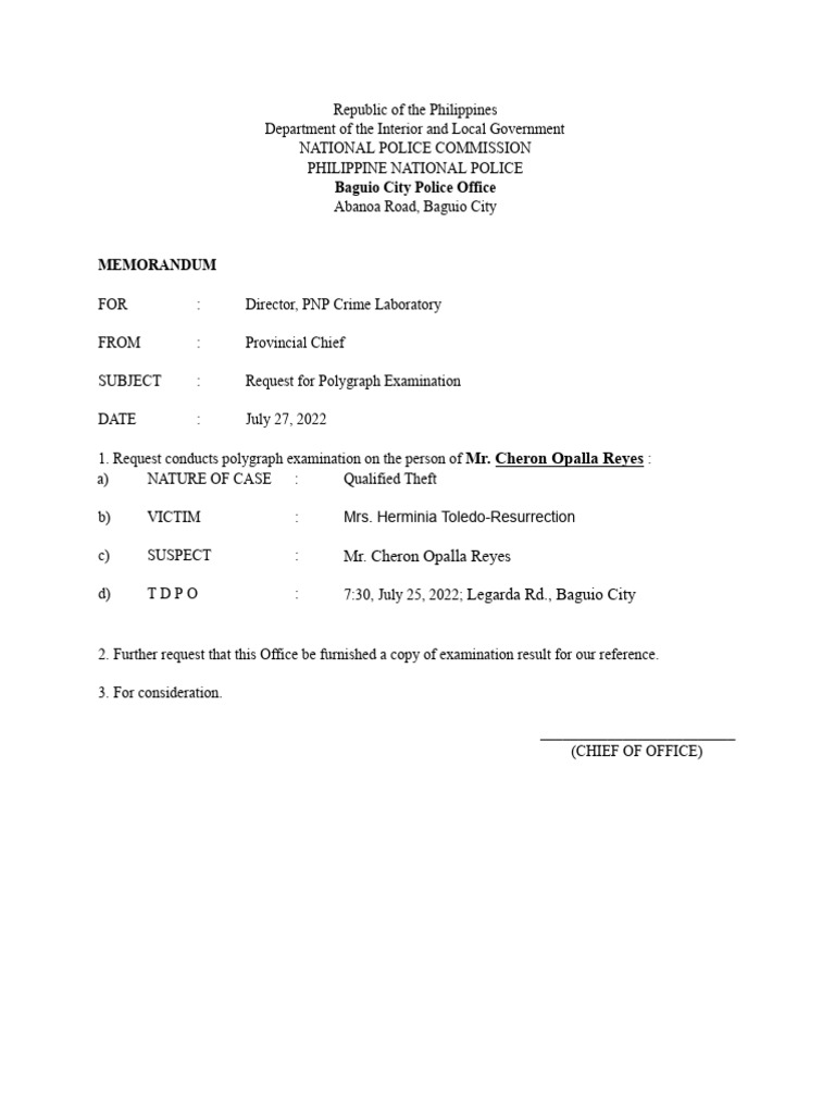 Request for Polygraph Exam on Theft Case | PDF