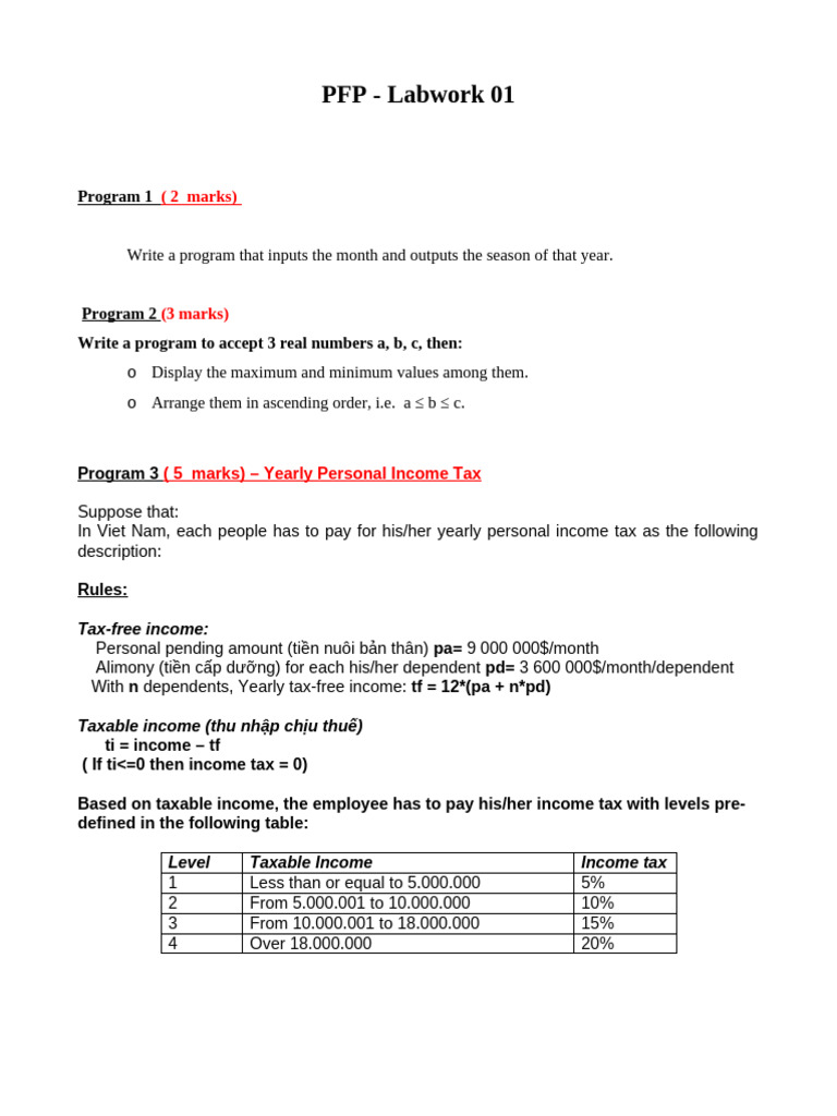 Programming Tasks for Income Tax Calculation | PDF