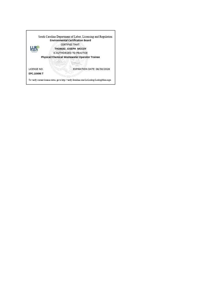 SC Wastewater Operator Trainee License | PDF