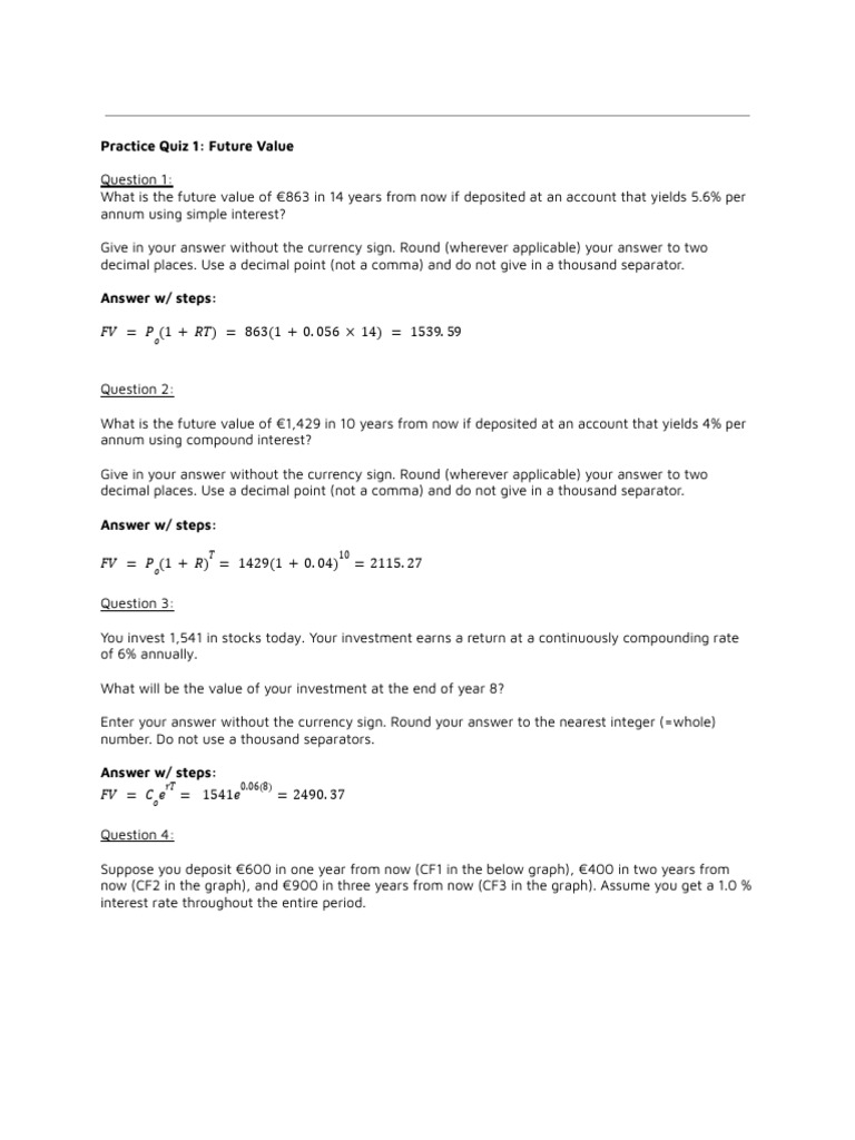 Future Value Practice Quiz Questions | PDF | Annual Percentage Rate ...