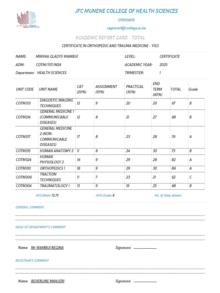 Report Card Mwihia Gladys Wambui | PDF | Surgical Specialties | Surgery