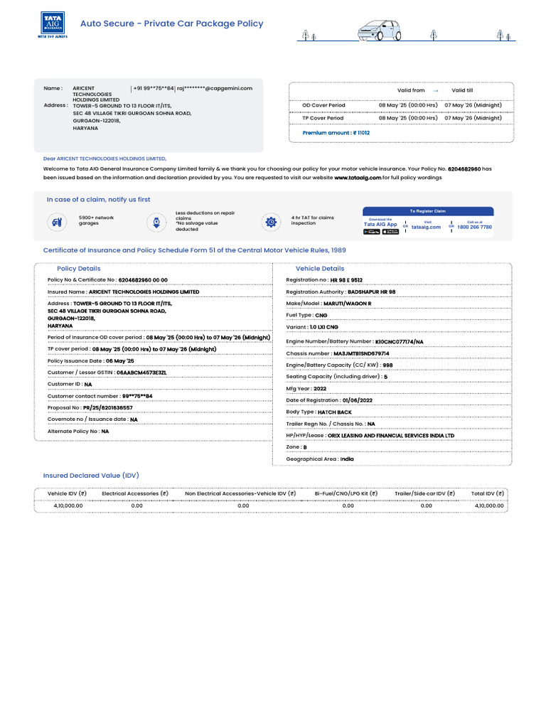 Tata AIG Motor Policy Schedule 3184 6204682960 | PDF | Insurance | Receipt