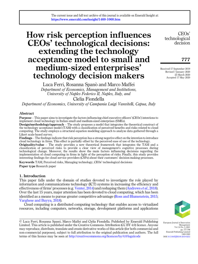 CEOs' Risk Perception in Cloud Adoption | PDF | Risk