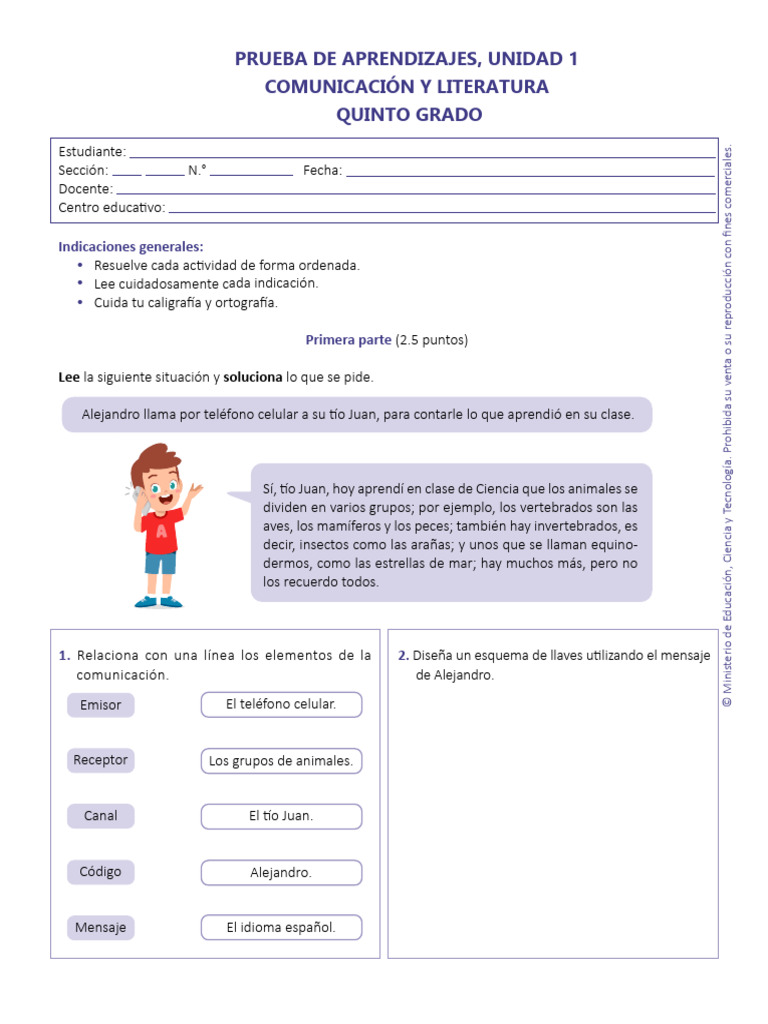 Prueba de Comunicación y Literatura 5to grado | PDF | Marie Curie