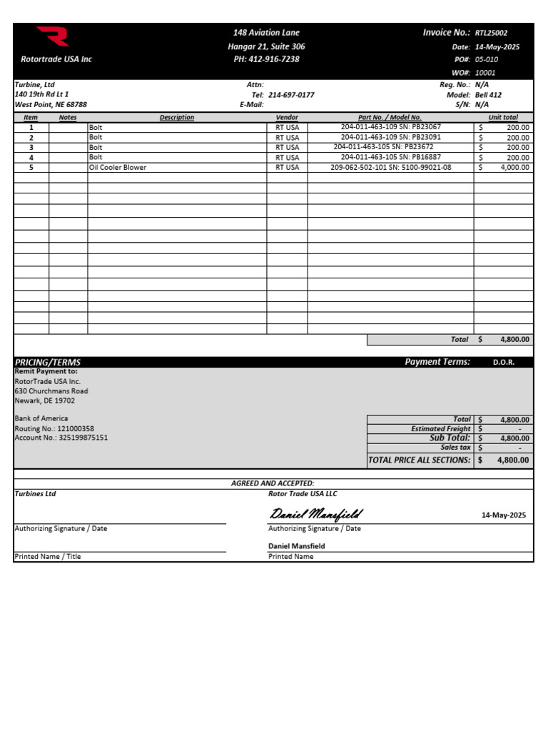 Bell 412 Invoice from RotorTrade USA | PDF
