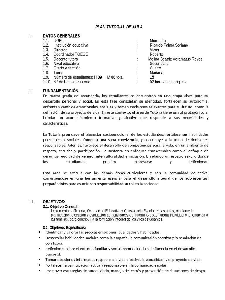 Plan de Tutoría para Secundaria 4to Grado | PDF | Autoestima | Aprendizaje