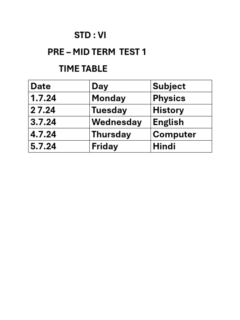 VI Pre-Mid Term Exam Schedule | PDF