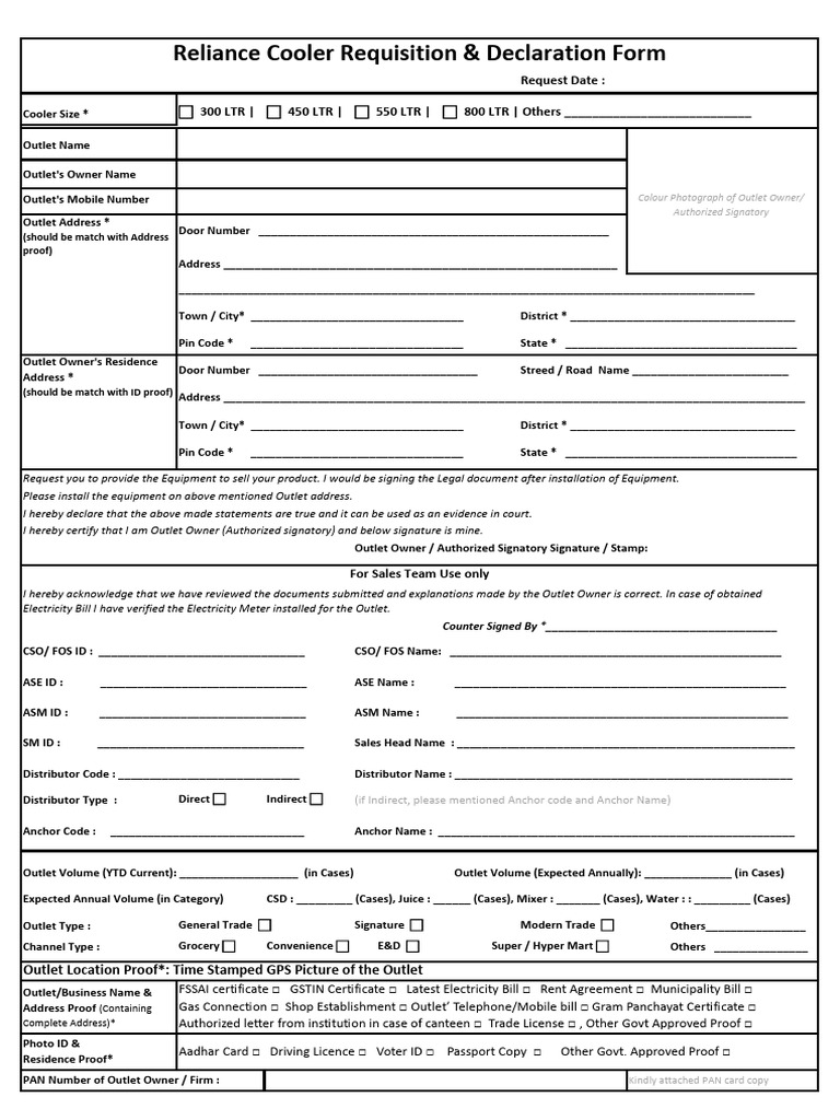 Reliance - New Cooler Declaration Form | PDF | Signature | Government ...