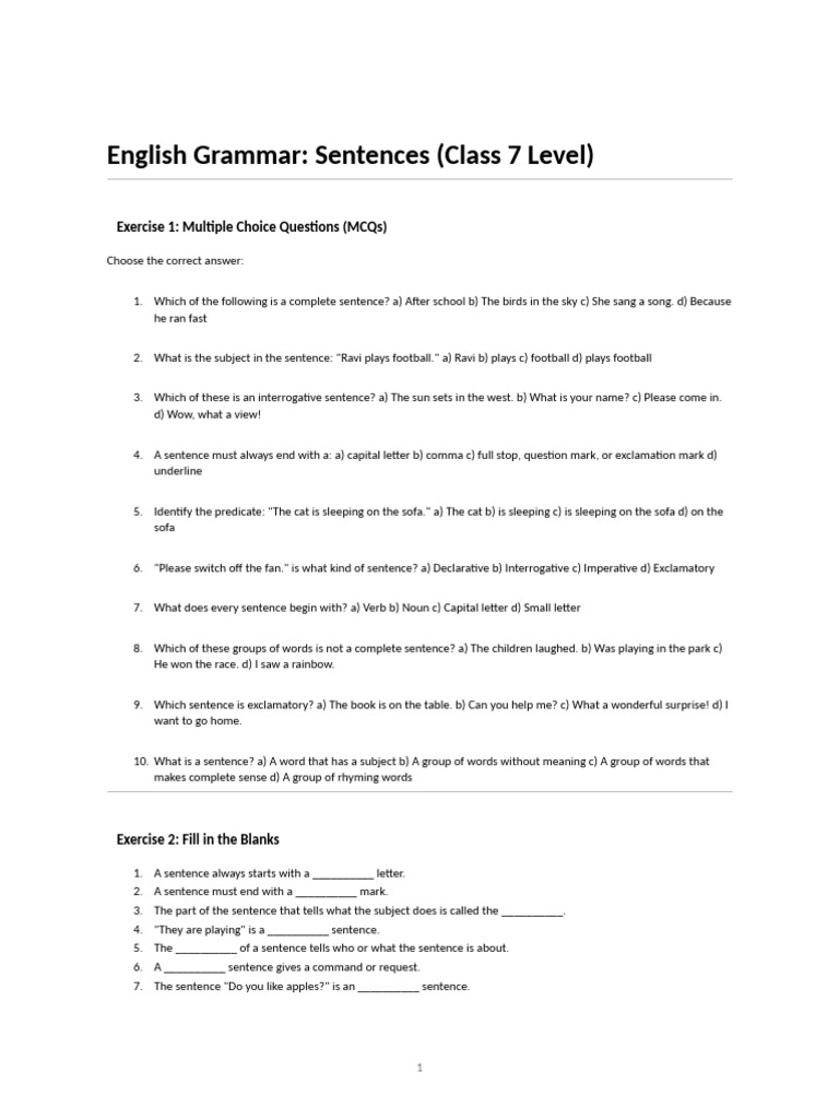 Class 7 Sentence Exercises and Answers | PDF | Sentence (Linguistics ...
