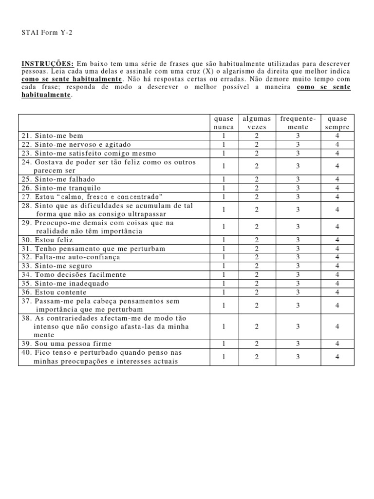 Inventário STAI Form Y-1 e Y-2 | PDF | Autoajuda