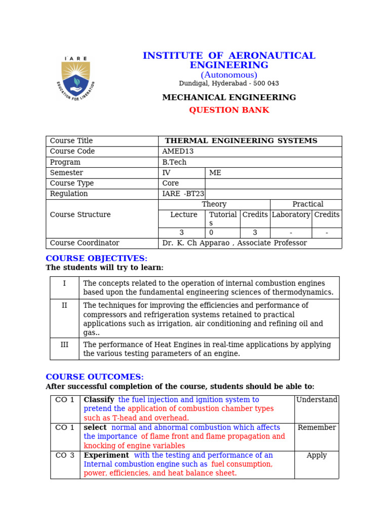 Thermal Engineering Systems Question Bank | PDF | Diesel Engine | Engines