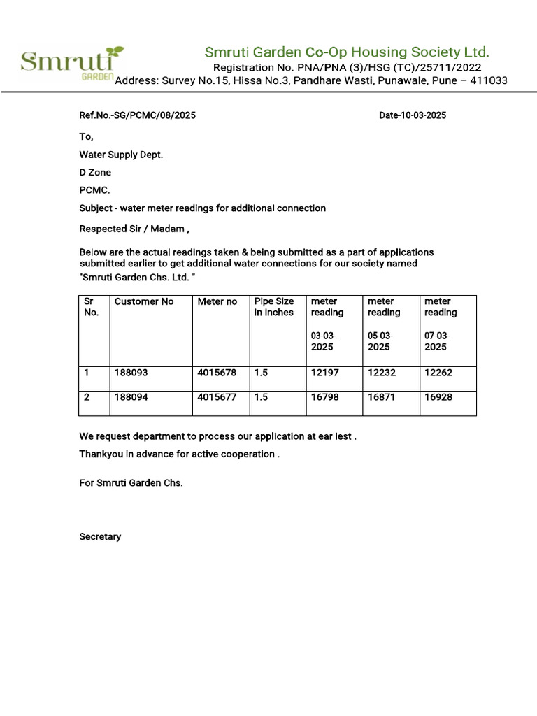 Letter PCMC Water Meter Reading | PDF